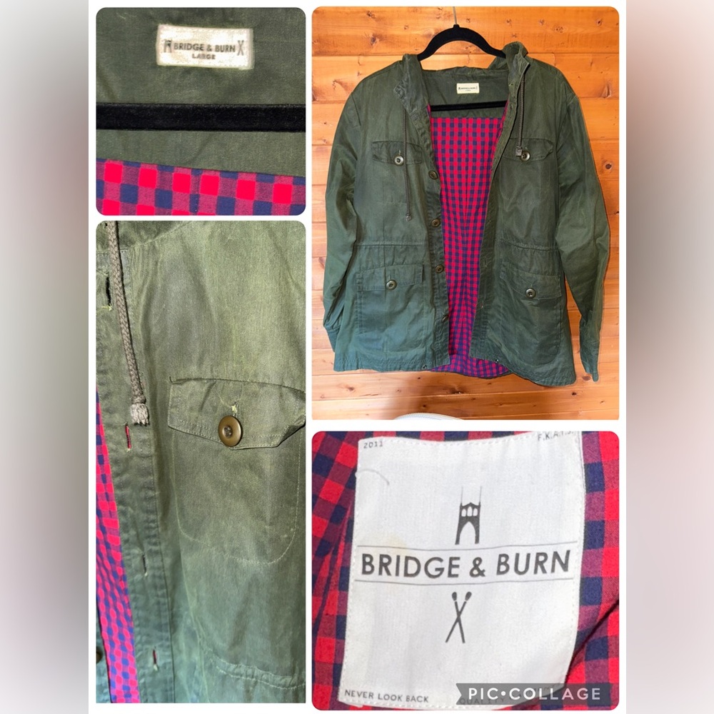 Bridge & Burn vintage waxed cotton Green Jacket with Plaid Lining size mens M